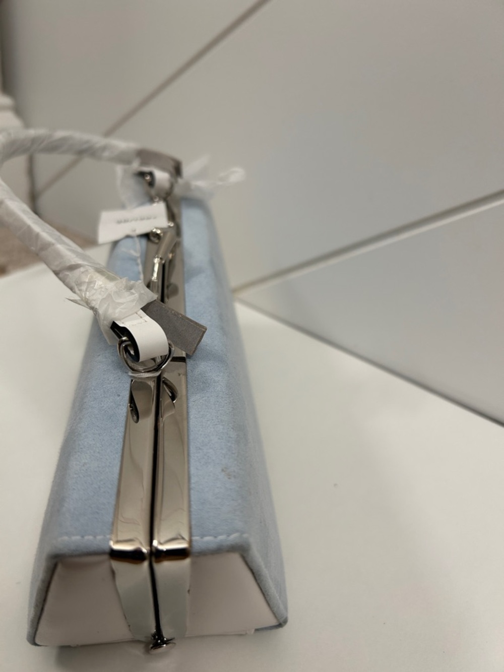 Barneys New York Elegant Light Blue Suede Top-Handle Clutch - Picture 4 of 5